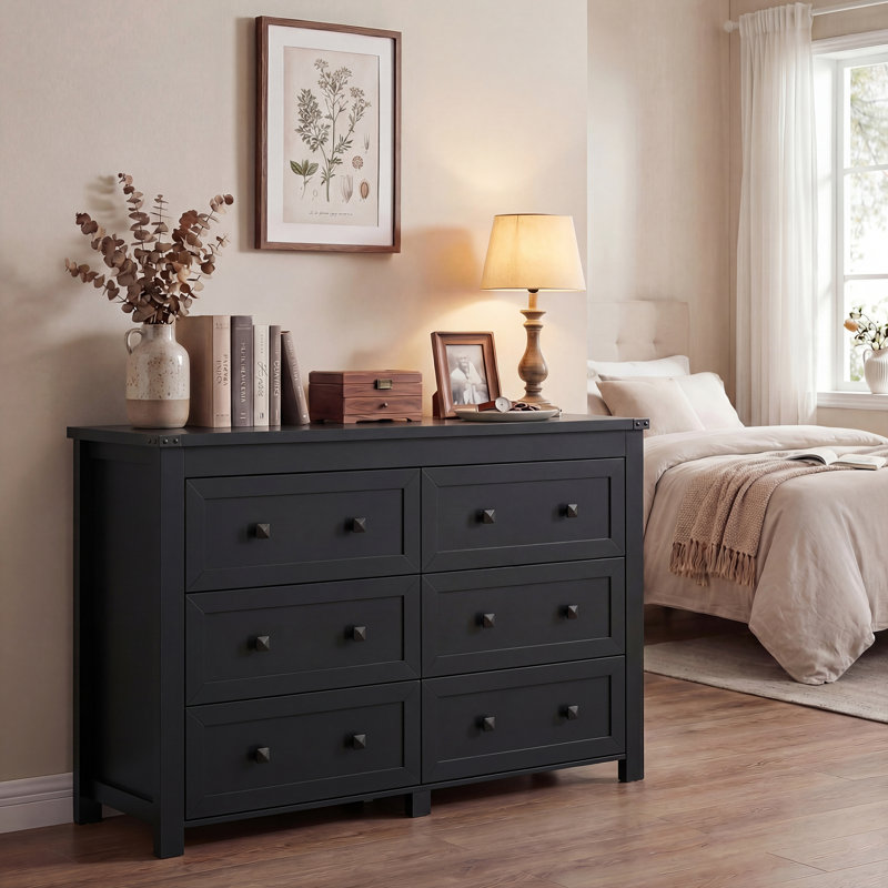 Jaretssi 6 - Drawer Double Dresser 42.7' W, Chest of Drawers with Metal Square Handle, Black/Gold
