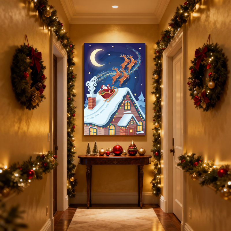Ensemble de 3 impressions sur toile de Noël, père Noël survolant une maison avec renne, H 36 po x l 24 po