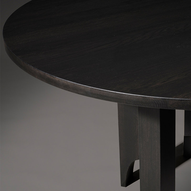 Round black oak dining table, 29.53”H x 47.24”L x 47.24”W