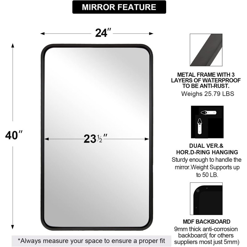 Miroir de salle de bain rectangulaire contemporain | Cadre épais, 40 po x 24 po, Noir mat