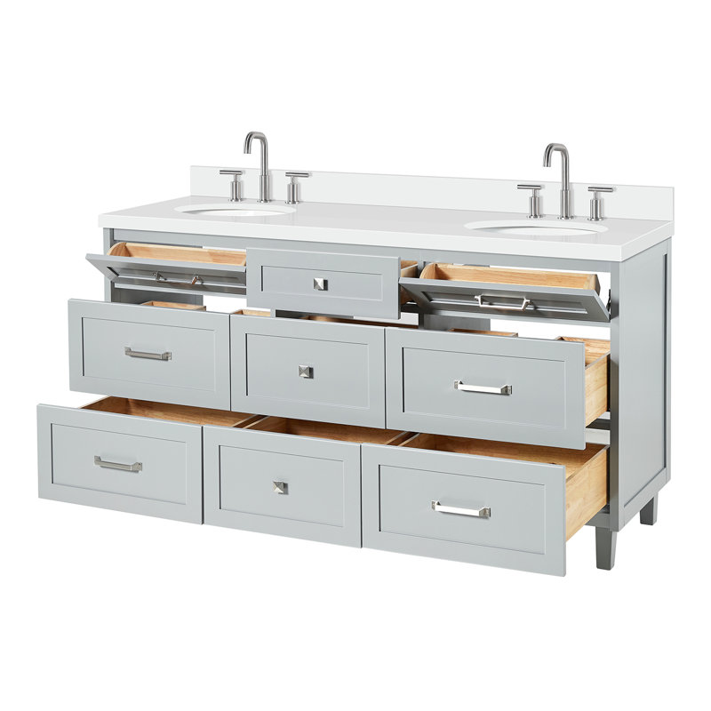 Ariel Monrow 67 Inch Double Oval Sink Bathroom Vanity With Pure White Quartz Countertop, Gray