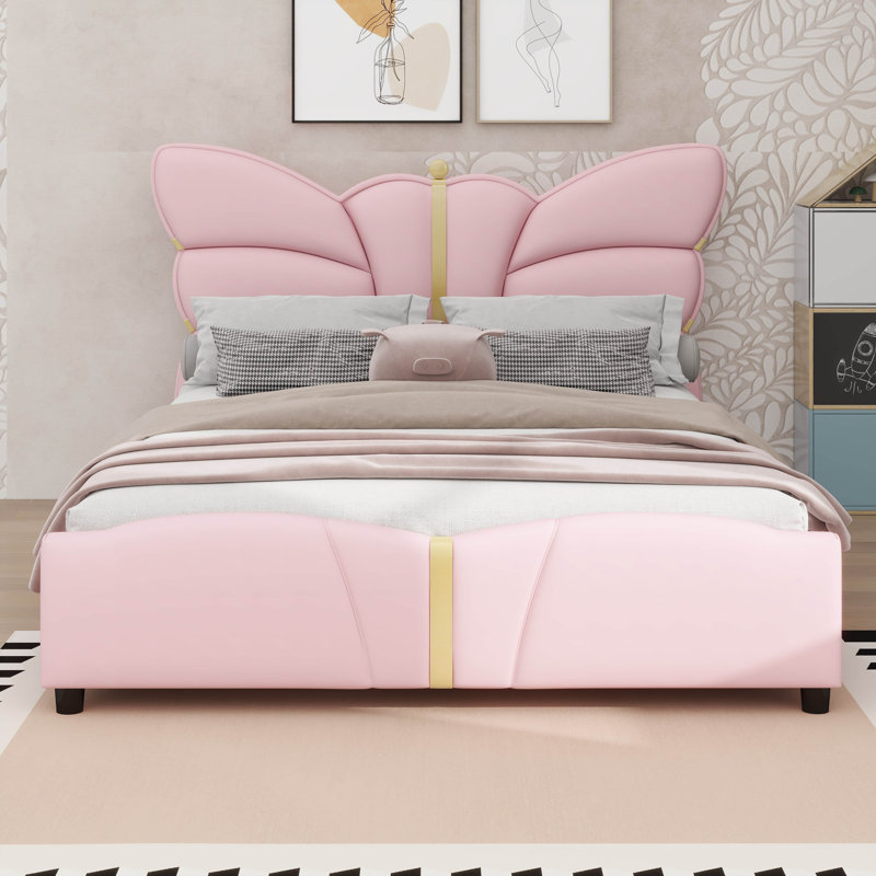 Structure de lit double avec tête de lit Structure en cuir de polyuréthane avec tête de lit en forme de papillon, Rose clair