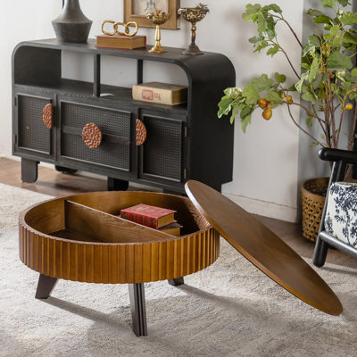Table basse ronde de 31,5 po avec espace de rangement rétro, convenant au salon et au bureau, naturel