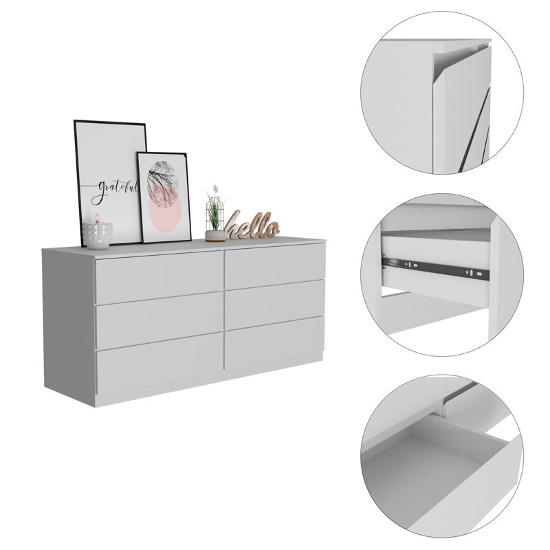 Commode double 6 tiroirs, plateau supérieur, blanc, Blanc
