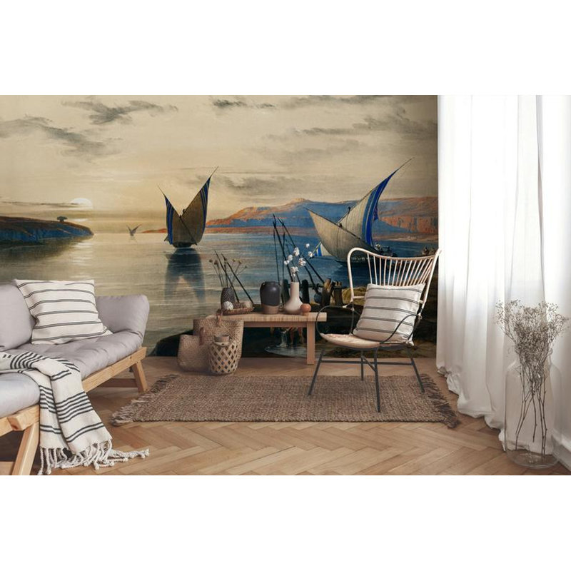 Sunset Landscape With Sailboat Sea View Medieval Removable Wallpaper, 9" L x 15" W