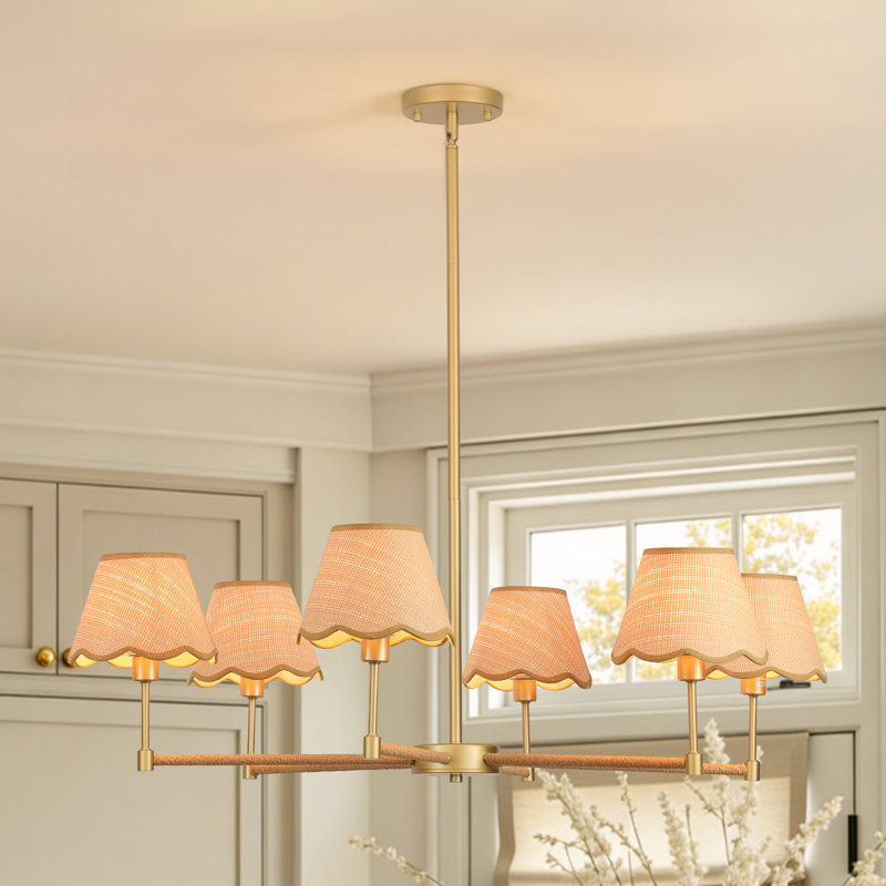 Lustre à intensité variable Boho Aarzo à 6 lumières avec abat-jour en rotin, hauteur réglable, pour la salle à manger et le salon