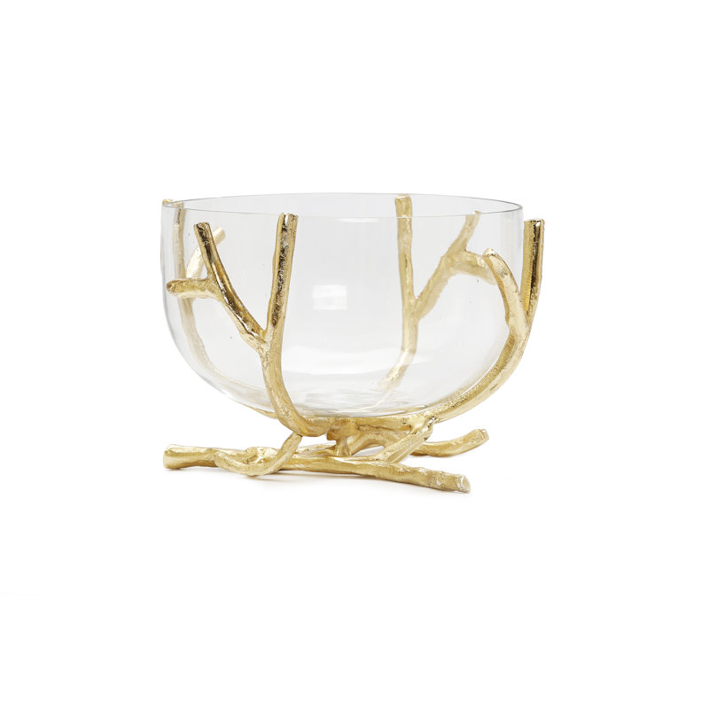 Bol moyen en verre avec branches dorées, H 7 po x l 10 po x P 10 po