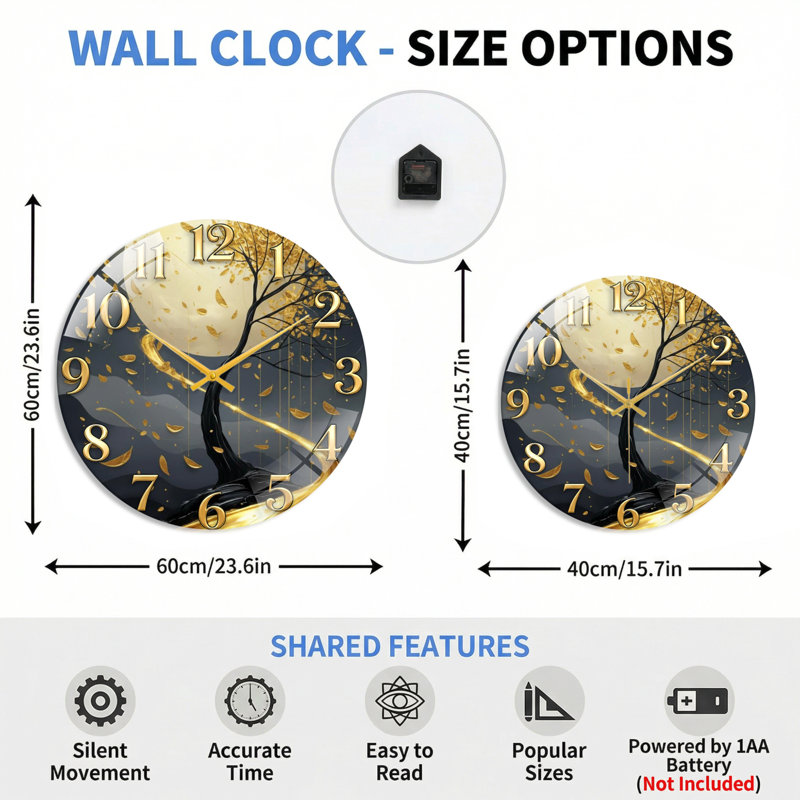 Arbre d'automne, horloge murale décorative moderne en verre 15,7 po, 40 x 40 cm (15,7 x 15,7 pouces)