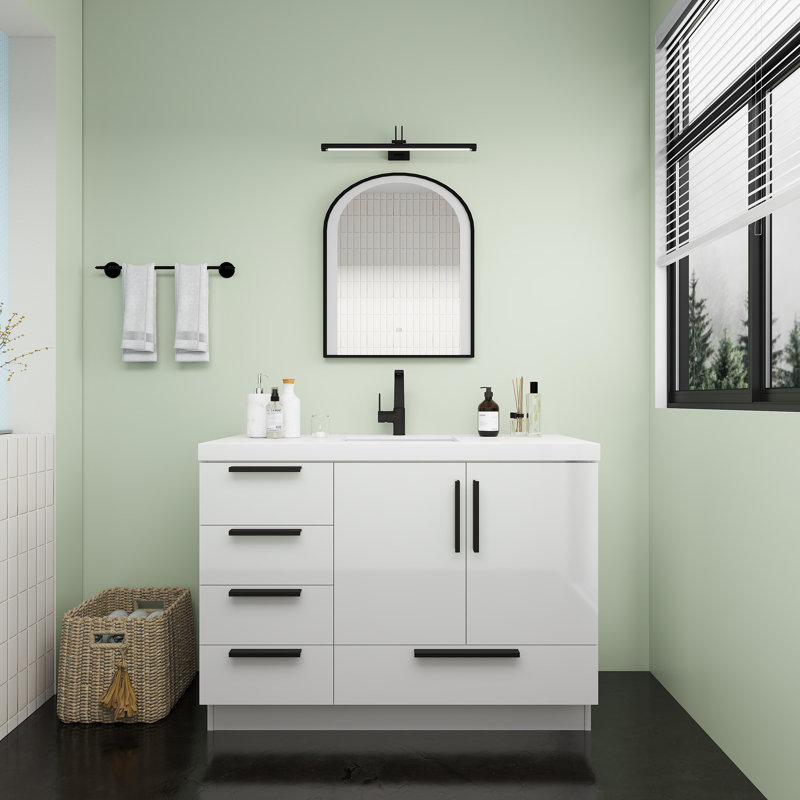 Meuble-lavabo autoportant avec tiroirs latéraux Carla, Blanc brillant, 47"