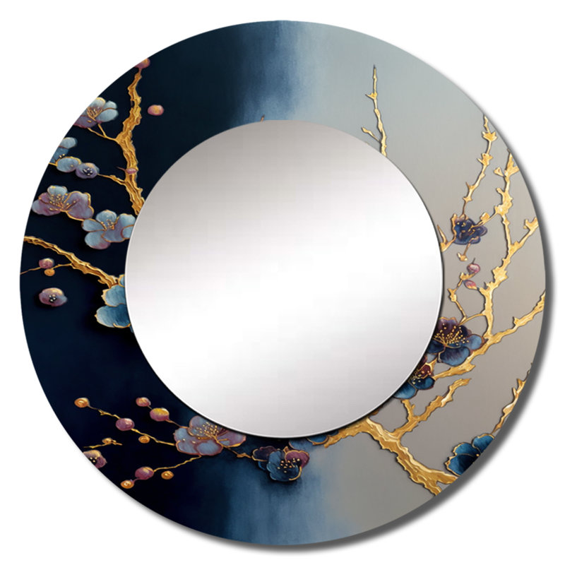Plancarte Blue Cherry Blossom Branch II - miroir décoratif bonsaï, miroir mural rond bleu, impression d'art en métal