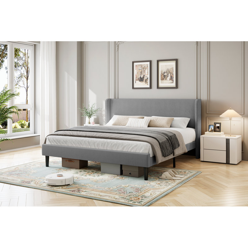 Structure de lit avec tête de lit, lit plateforme tapissier moderne en tissu de lin, sommier, Gris clair, Grand