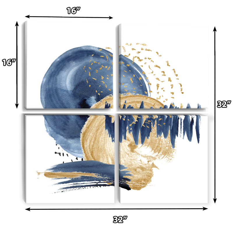 «Dark Blue & Gold Abstract Circle Ocean Texture», ensemble de 4 reproductions d'art sur toile