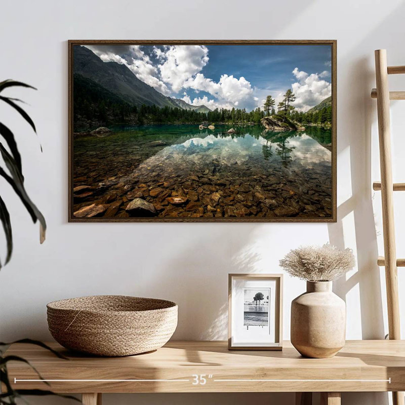 Paysage de lac tranquille, 25 po x 17 po, Cadre flottant en noyer