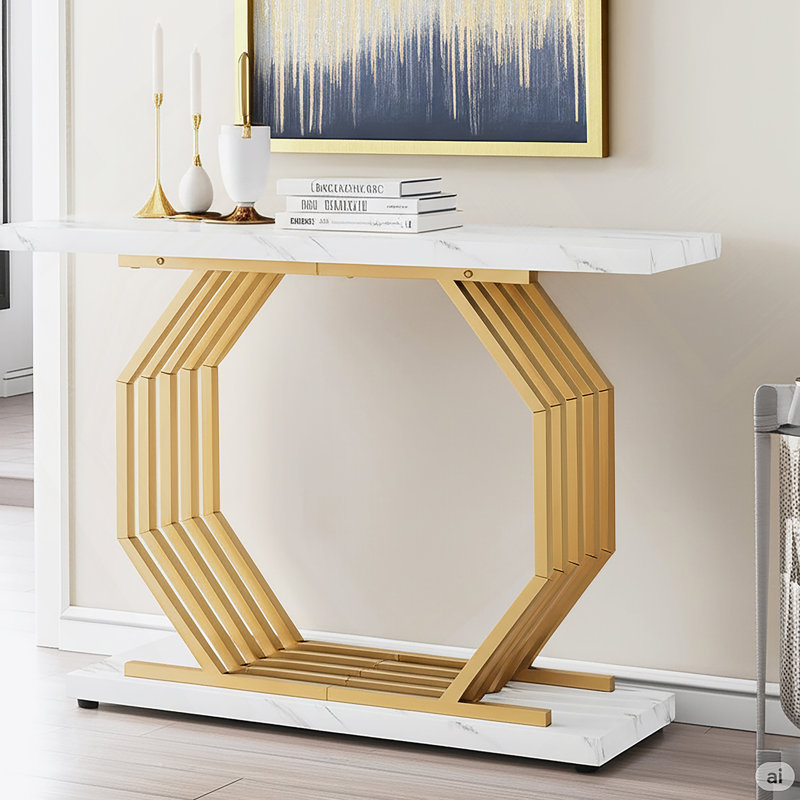 Console en or de 40 pouces avec plateau en faux marbre et base en métal géométrique, entrée moderne pour le salon et le couloir