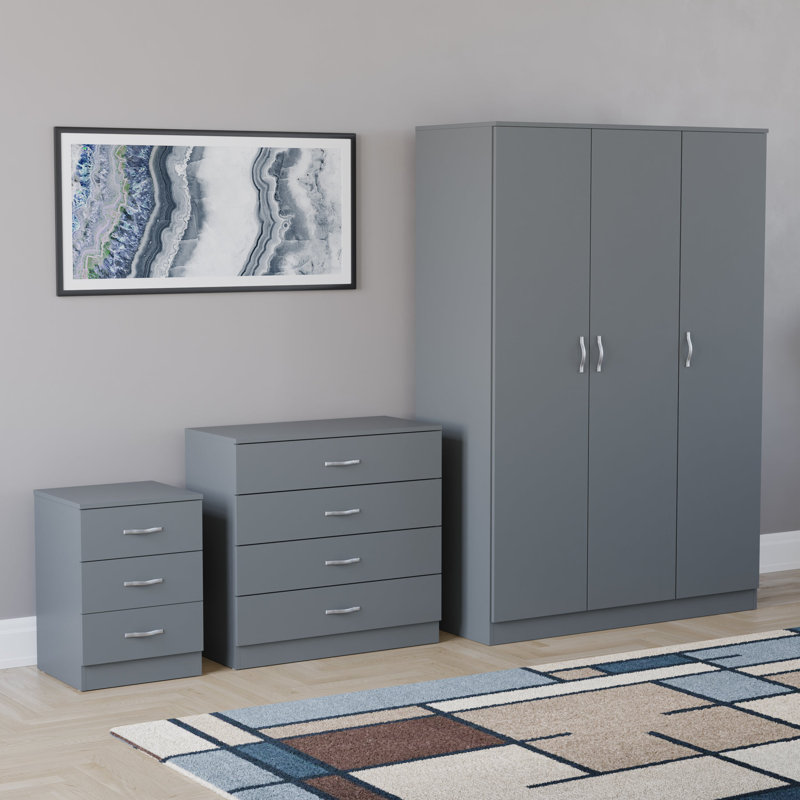 Maybery 3 Piece Bedroom Set (3 Drawer Bedside Chest, 4 Drawer Chest, 3 Door Wardrobe), (5), Grey