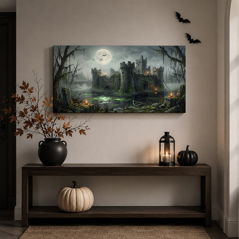 «Dark Castle Ruins Under Full Moon In Misty Swamp Halloween», art mural sur toile, L 20 po x H 10 po