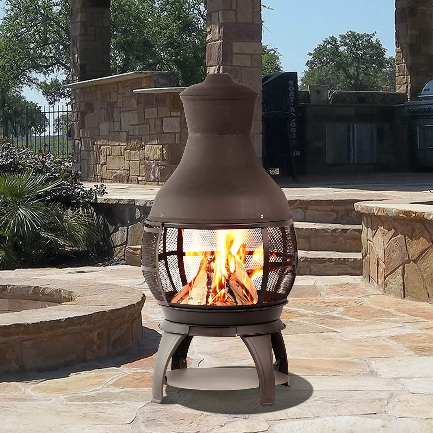 Arlmont & Co. Wood Burning Chimenea, Outdoor Round Wooden Fire Pit ...
