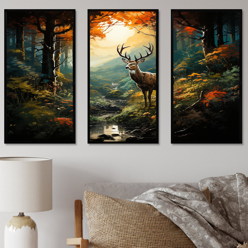Vert et brun, cerf dans la forêt, art mural animal, H 28 po x l 36 po, Cadre flottant noir