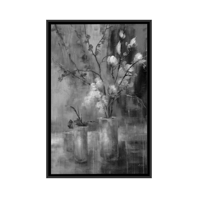 Floral argent, H 40 po x l 26 po, Toile à cadre flottant noir, Noir / blanc