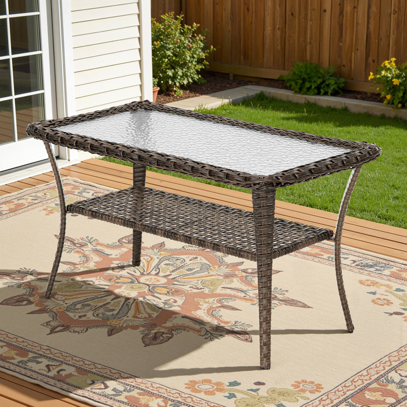Table basse d'extérieur en osier de patio brun avec plateau en verre, Brun, H 20 po x L 34 po x l 20 po