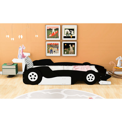 Lit plateforme noir pour voiture de course simple avec roues, matériaux de qualité, contreplaqué et structure, lattes, rails latéraux, 98,7 po x 41,7 po x 26,5 po