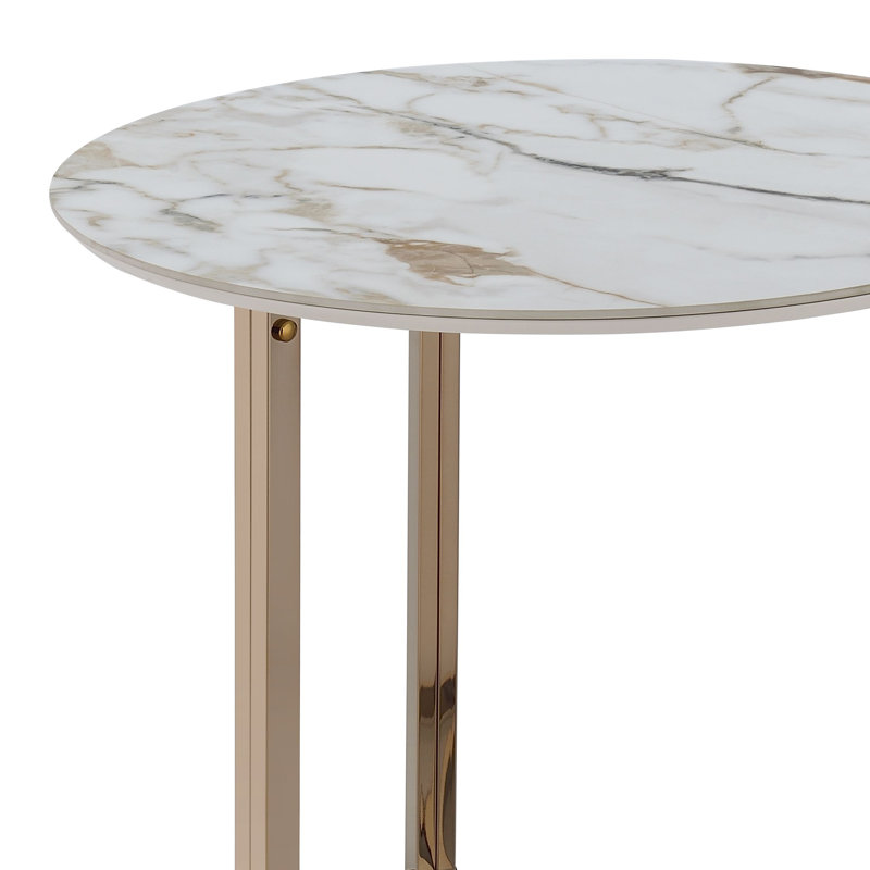 Table de bout, plateau en pierre frittée et finition champagne