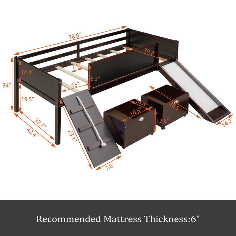 Lit mezzanine simple en bois avec deux boîtes de rangement, Espresso
