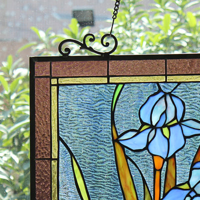 Panneau de fenêtre floral bleu iris Tiffany