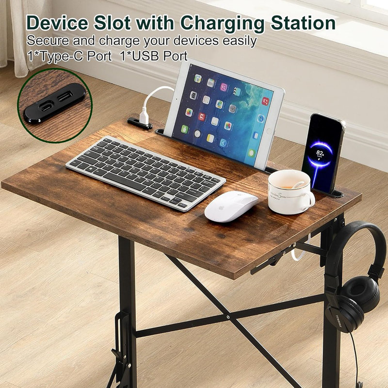 Table-plateau pliante pour téléviseur de 21 po x l 28 po, petite table de bout en forme de C avec fentes pour appareils et station de charge USB, table d'appoint coulissante sous le canapé pour le salon, la chambre à coucher, brun rustique