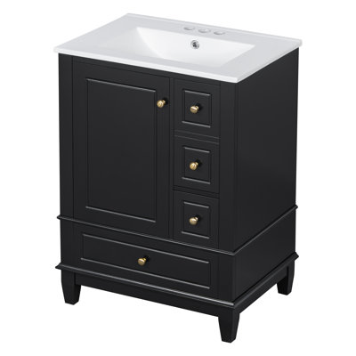 Armoire de meuble-lavabo autoportant L 24 po x l 18 po avec comptoir en céramique et tablettes de rangement, panneau de fibres à densité moyenne et base en bois massif
