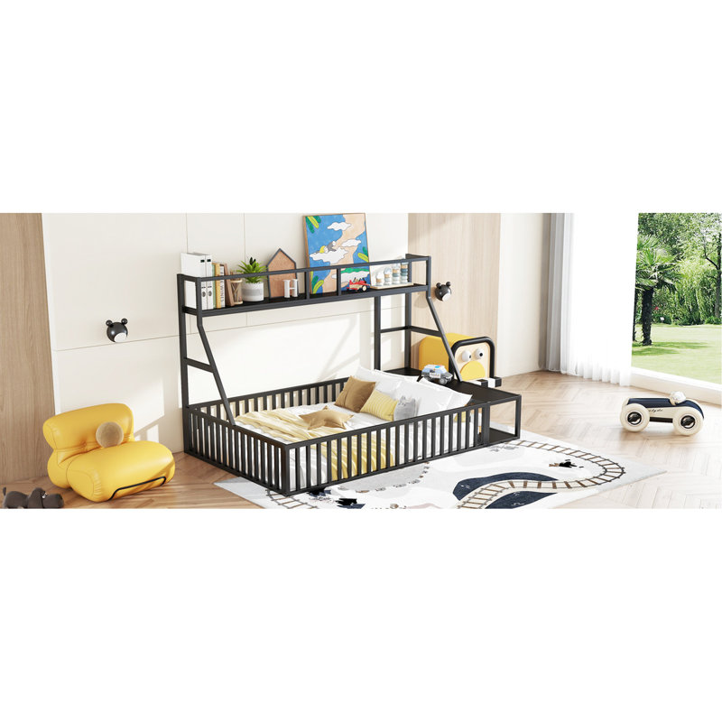 Lit de plancher pleine grandeur en métal pour jeunes avec clôture, bureau et rangement, noir, Lit double, Noir
