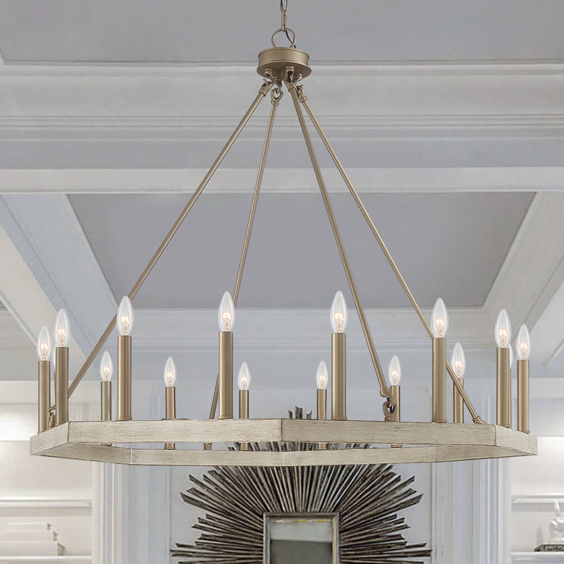 Vredenburgh 16-Light Wagon Wheel Candle Style Chandelier, Driftwood/Brass Dust