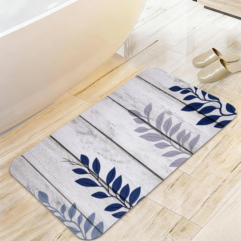 Navy Blue Leaf Wood Plank Bath Rug, 20" X 32", For Bathroom, Entryway