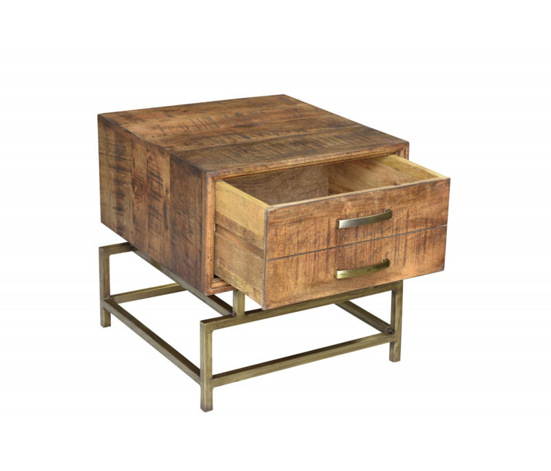 21" Brass And Brown Solid Wood And Iron Square End Table With Drawer