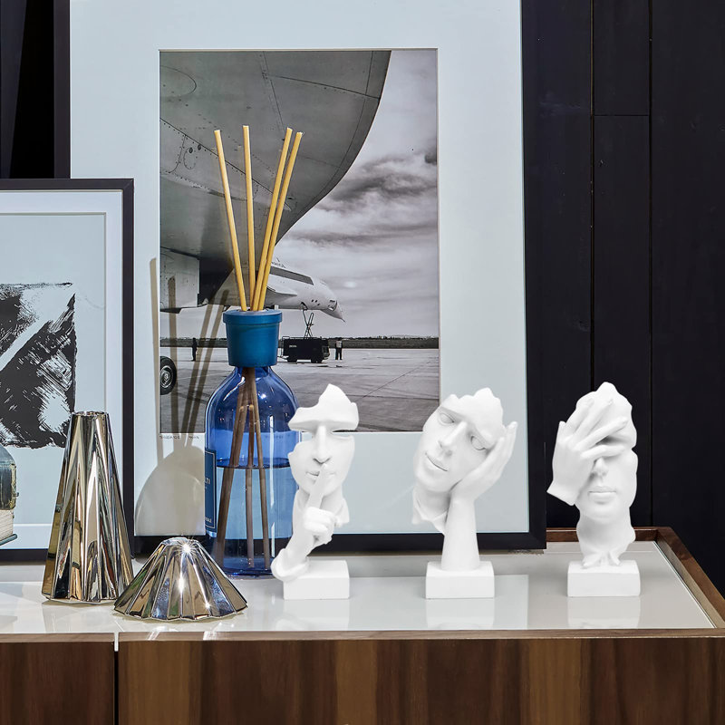 3 pièces statue de penseur, Silence is Gold, résine abstraite, décor de maison et de bureau moderne, Blanc