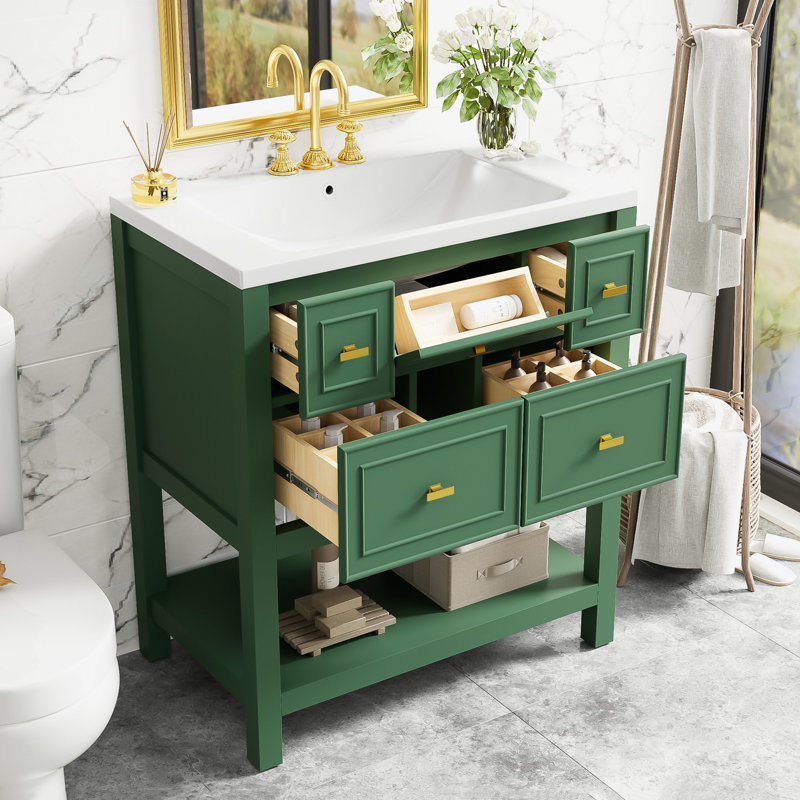 Meuble-lavabo de salle de bain avec lavabo en résine et 5 tiroirs, Vert