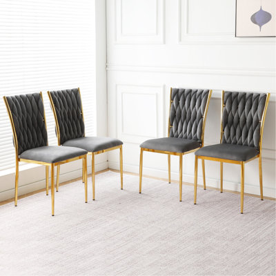 Chaise de salle à manger moderne simple en velours gris foncé, chaise de table d'étudiant à dossier de tabouret de chambre familiale, pieds de chaise en métal plaqué or, convient à la cuisine de la salle à manger (ensemble de 4)