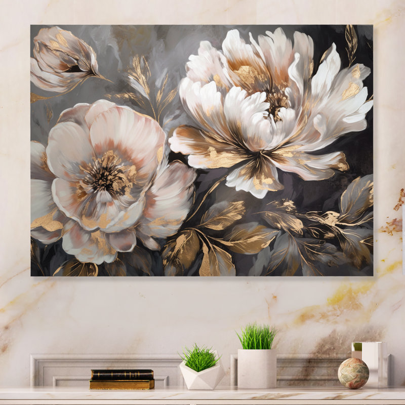 Pivoine blanche et grise en mouvement IV - impression sans cadre sur métal, H 16 po x l 32 po