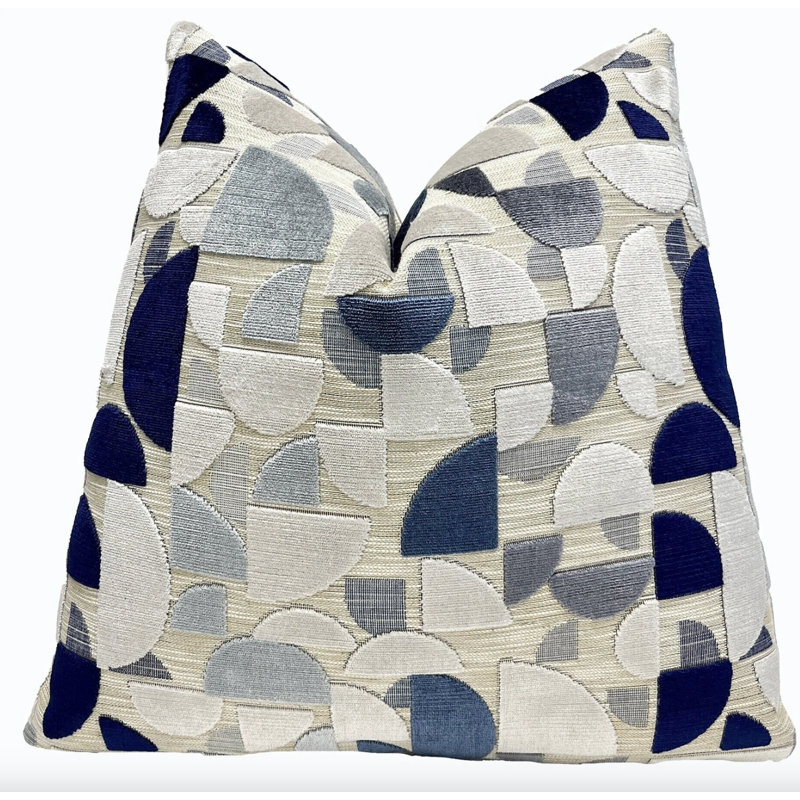 Housse de coussin géométrique en velours, Blanc / beige / bleu marine géométrique, H 20 po x l 20 po