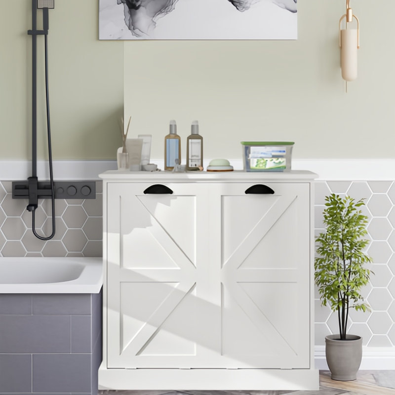 White Two-compartment Tilt-out Laundry Sorter Cabinet With Spacious Design For Efficient Clothes Organization