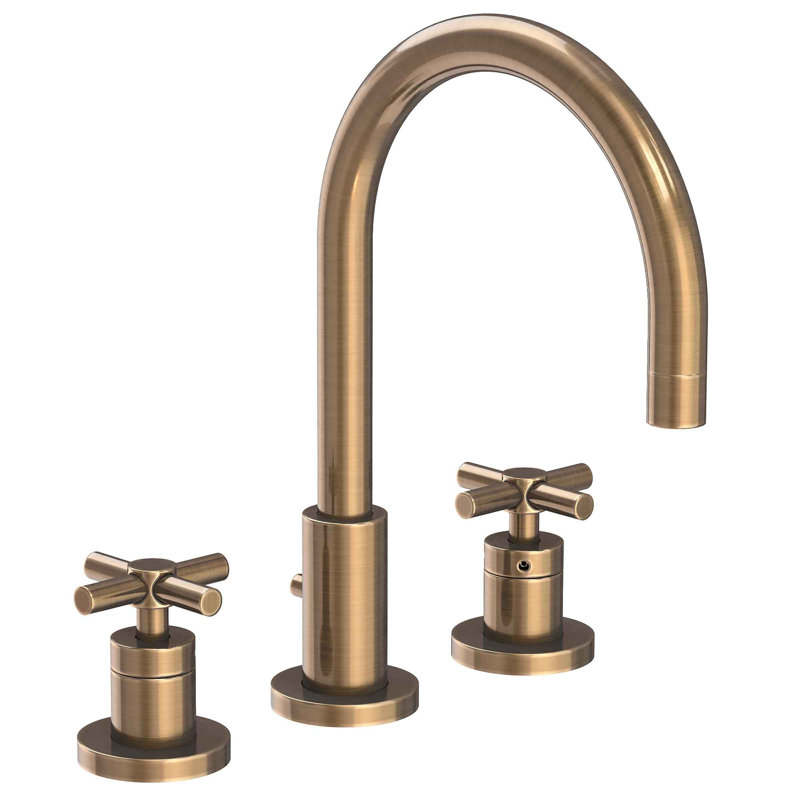 East Linear Widespread Bathroom Faucet with Drain Assembly, Antique Brass