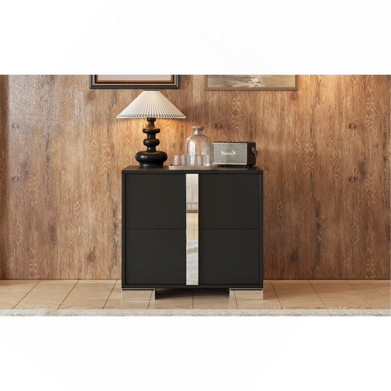 Table de chevet élégante avec pied en métal et table de chevet à miroir avec 2 tiroirs, Noir