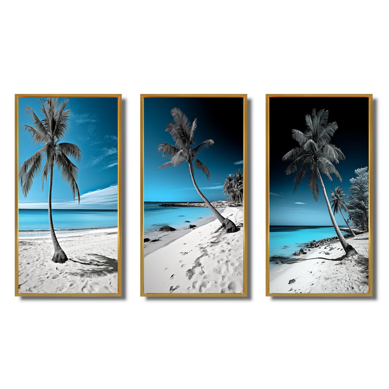Turquoise et gris, photo de plage Monochome - ensemble d'art nautique et de plage de 3 pièces, Encadrement doré