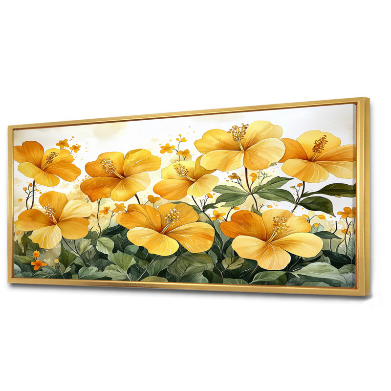 Été, lueur dorée d'hibiscus III - Hibiscus, art mural, H 28 po x l 60 po, Impression encadrée flottante, Doré