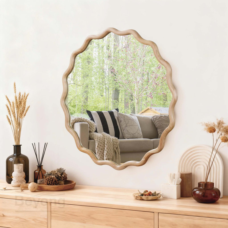 Miroir décoratif rond en bois naturel ondulé de 36 po de couleur bois naturel, pour chambre à coucher, salle de bain, salon, entrée