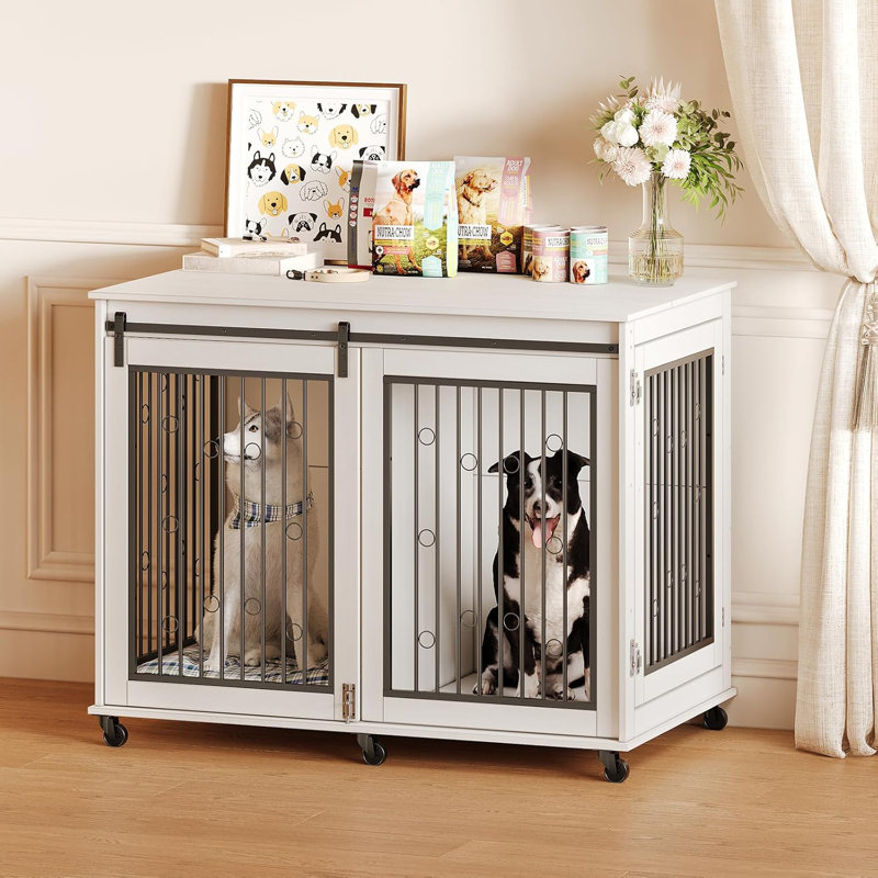 Anti-Bite Dog Crate Cage Furniture Sliding Barn Door, Dog Kennel End Table W/ Wheels & Flip-Top Plate Dog House Detachable Divider