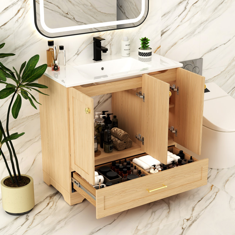Meuble-lavabo 36 po avec comptoir en résine et lavabo, sans robinet, Brun, Doré, 36" W