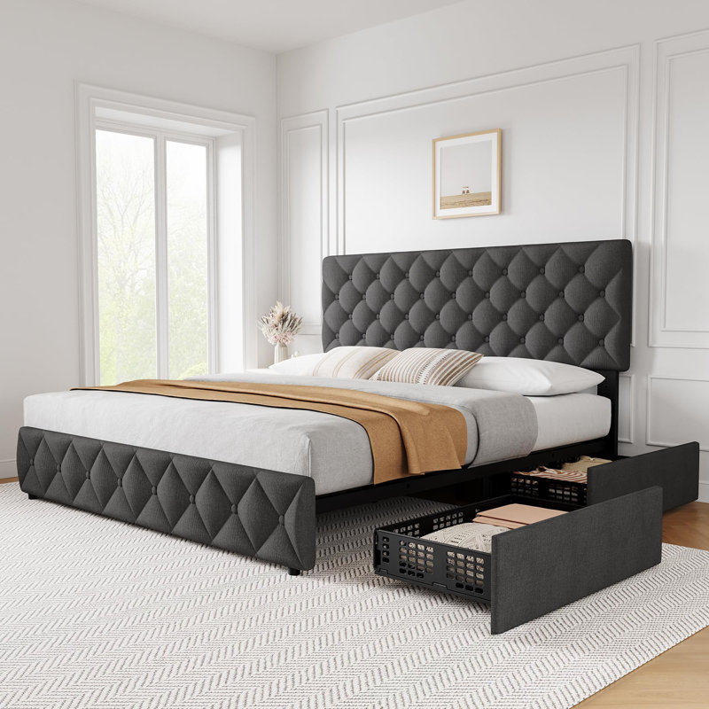 Bed Frame With Adjustable Headboard And 4 Storage Drawers, Linen Upholstered Platform Bed Frame, Gray, King