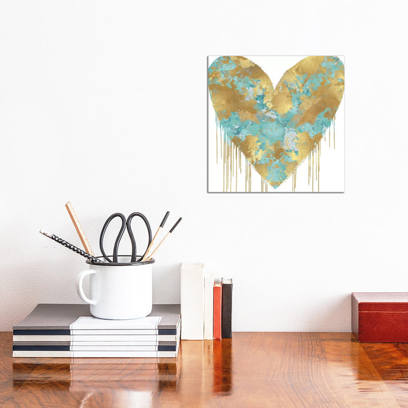 Big Hearted Aqua And Gold by Lindsay Rodgers - Print on Canvas, Wrapped Canvas, 30.48cm H x 30.48cm W x 1.91cm D
