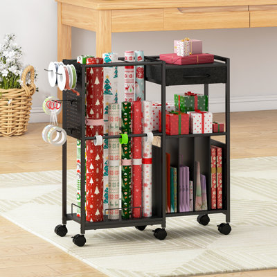 Chariot de rangement pour papier d'emballage avec bandes de 12 PCS, organisateur roulant avec tiroir, crochets et freins, station mobile pour emballer les cadeaux, papiers, sacs et rubans